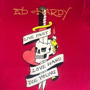Ed Hardy Kids Red Graphic 'Live Fast Love Hard' Tee with Skull and Dagger
